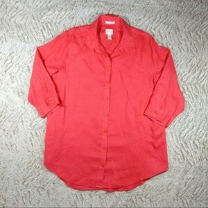 Chico's 2 Hot Coral 100% Linen 3/4 Sleeve Button Top